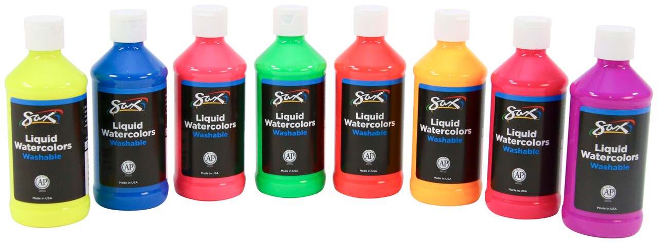 Sax Liquid Washable Watercolor Paint, 8 Ounces, Assorted Fluorescent Colors, Set of 8